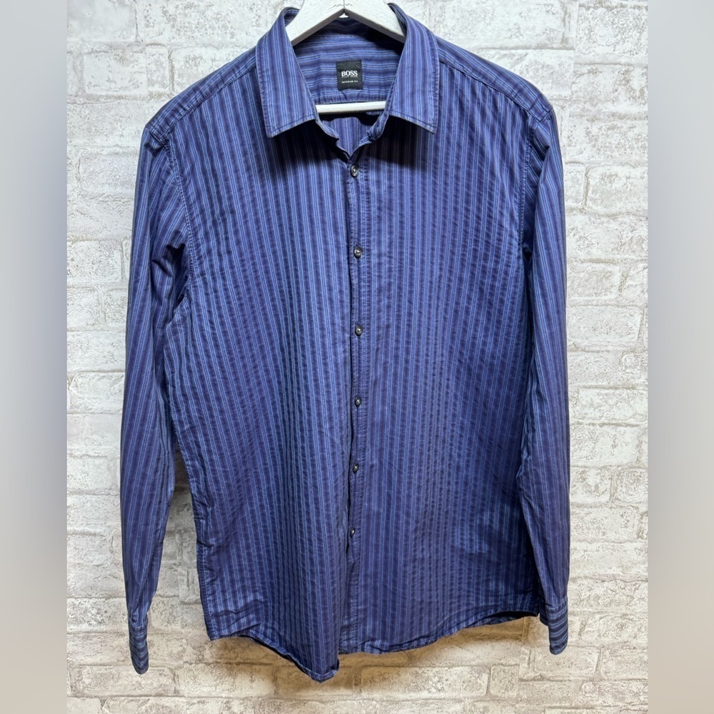 BOSS Hugo Boss button down shirt men’s 2XL blue gray‎ vertical stripes cotton